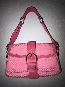 Coach Signature Canvas Shoulder Bag Pink Monogram Leather Trim Handbag Purse