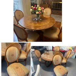 Neoclassic Style Round Dining Table, 4 Upolstered Chairs 