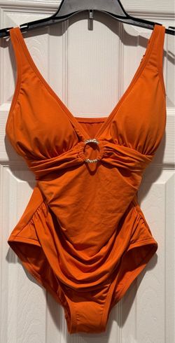 Women's Orange One-Piece Swimsuit with Gold Ring Detail  Retails for $108.00