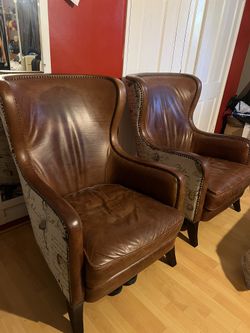 Pair of Wingback Accent Chairs Nailhead Trim & Solid Wood Legs