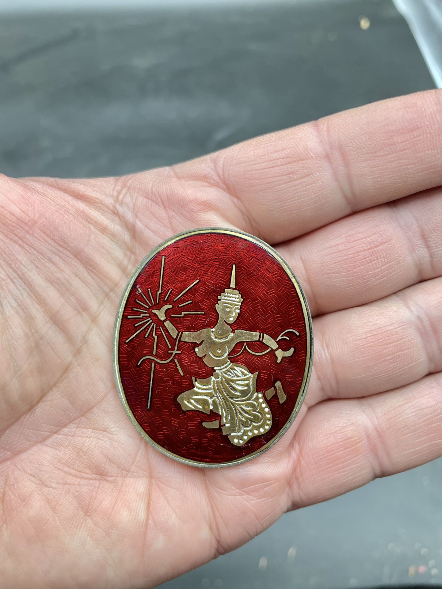 Asian Vintage Ruby Red Enamel Siam Dancer Oval Thai Brooch Pin