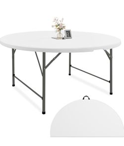 Fivenl 5 FT Round Folding Tables White Foldable Table, Fold-in-Half with Carrying Handle Portable Plastic Table for Party, Dining, Wedding, Camping, P