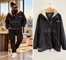 Vintage Polo Sport Ralph Lauren RL67 Sherpa Anorak Jacket Black Hooded