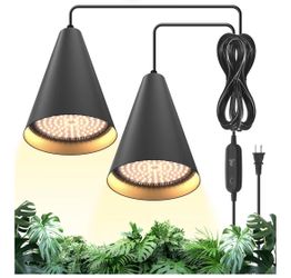 Bstrip 50W Double-Head One Cord Grow Lights for Indoor Plants full Spectrum 3000K, Black LED Grow Light Bulb with Timer & 16.4FT Power Cord, Perfect f
