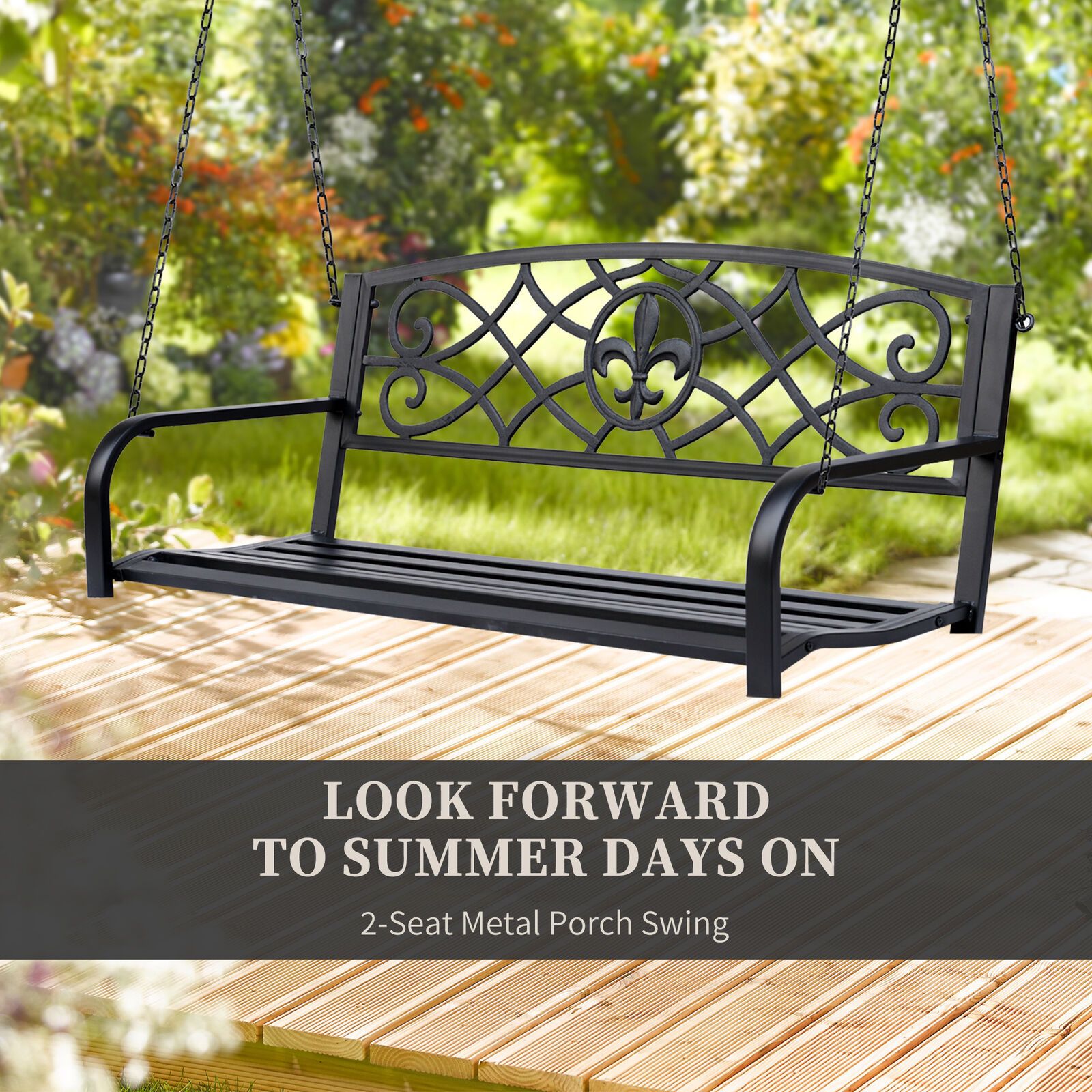 Porch Swing Fleur De Lis Outdoor Decor Patio Bench Deck Garden Metal Glider Black