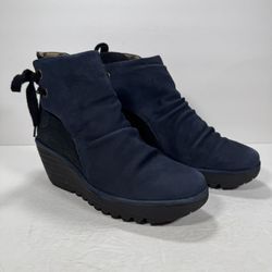Fly London Yebi Navy Blue Suede Leather Scrunch Wedge Ankle Boots Women Size 10