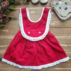 12MOS VINTAGE HANDMADE RED CORDUROY W/WHITE LACE TRIM PINAFORE DRESS