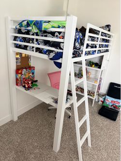 White Kids Loft Bed with Desk & Storage Shelves – Excellent Condition
