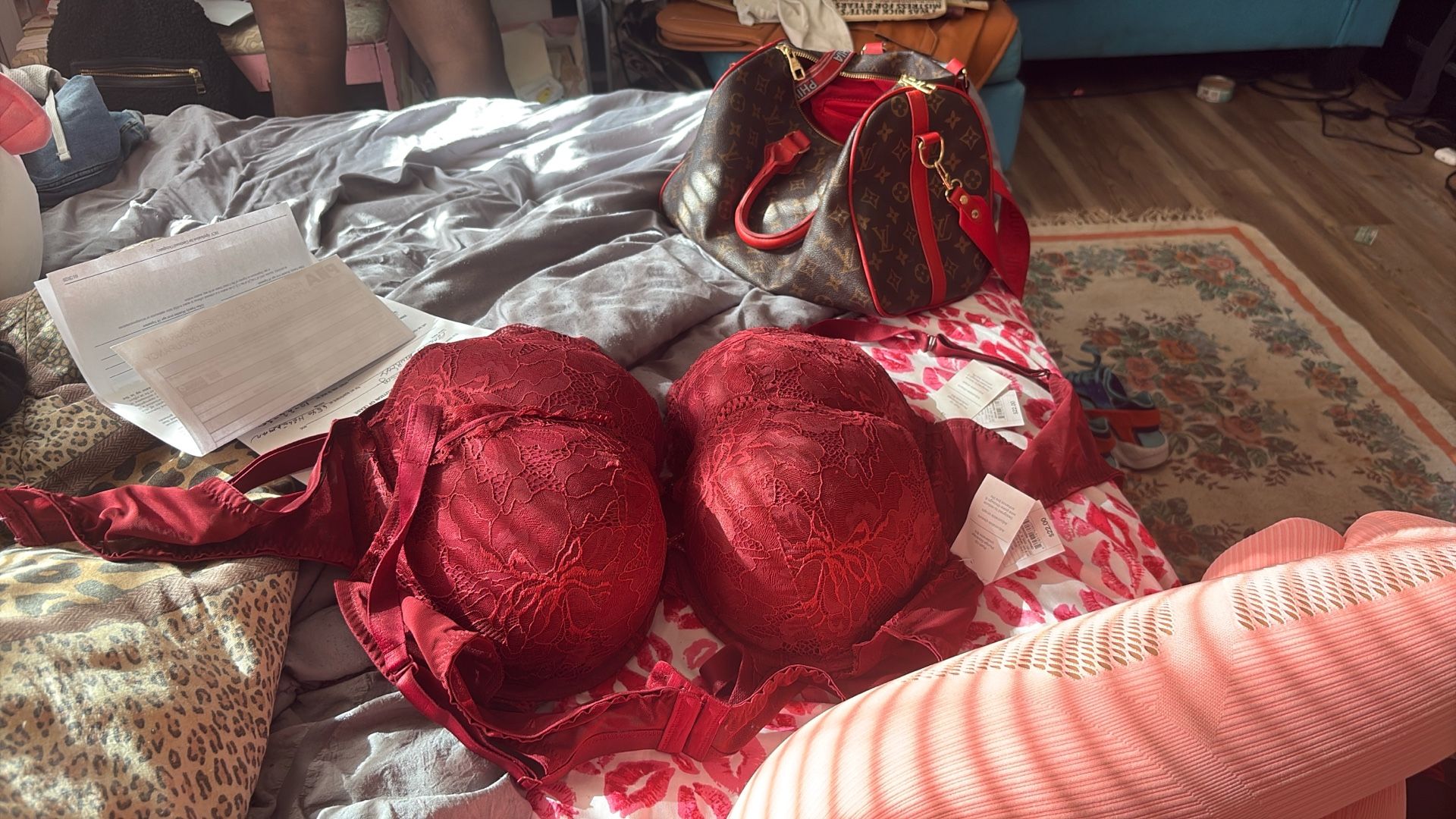 Auden Lace Push-Up Plunge Bra in Berry Red, size 46C.