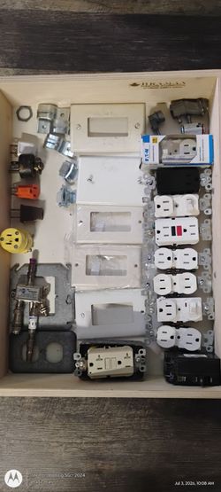 GFCI outlets 20 amp breaker,4 outlet,3 combination switch and outlet, outlet covers,cable splitter, extension cord ends.