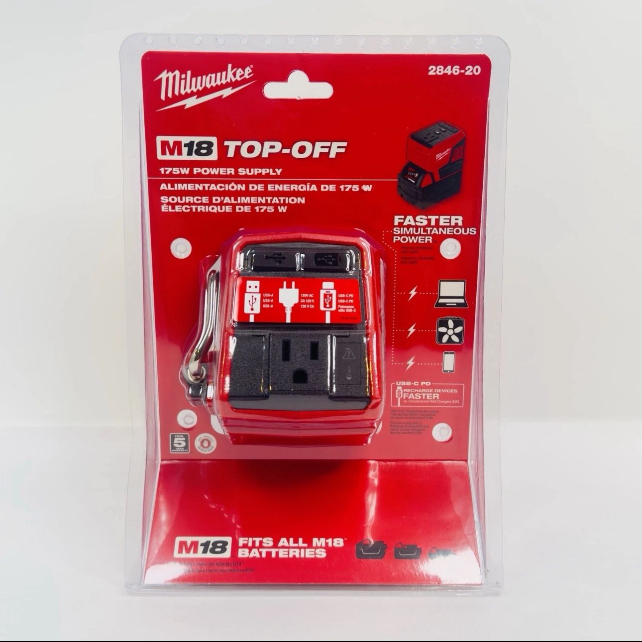 Milwaukee M18 2846-20 Top Off 175 Watt Power Supply USB 18V Outlet