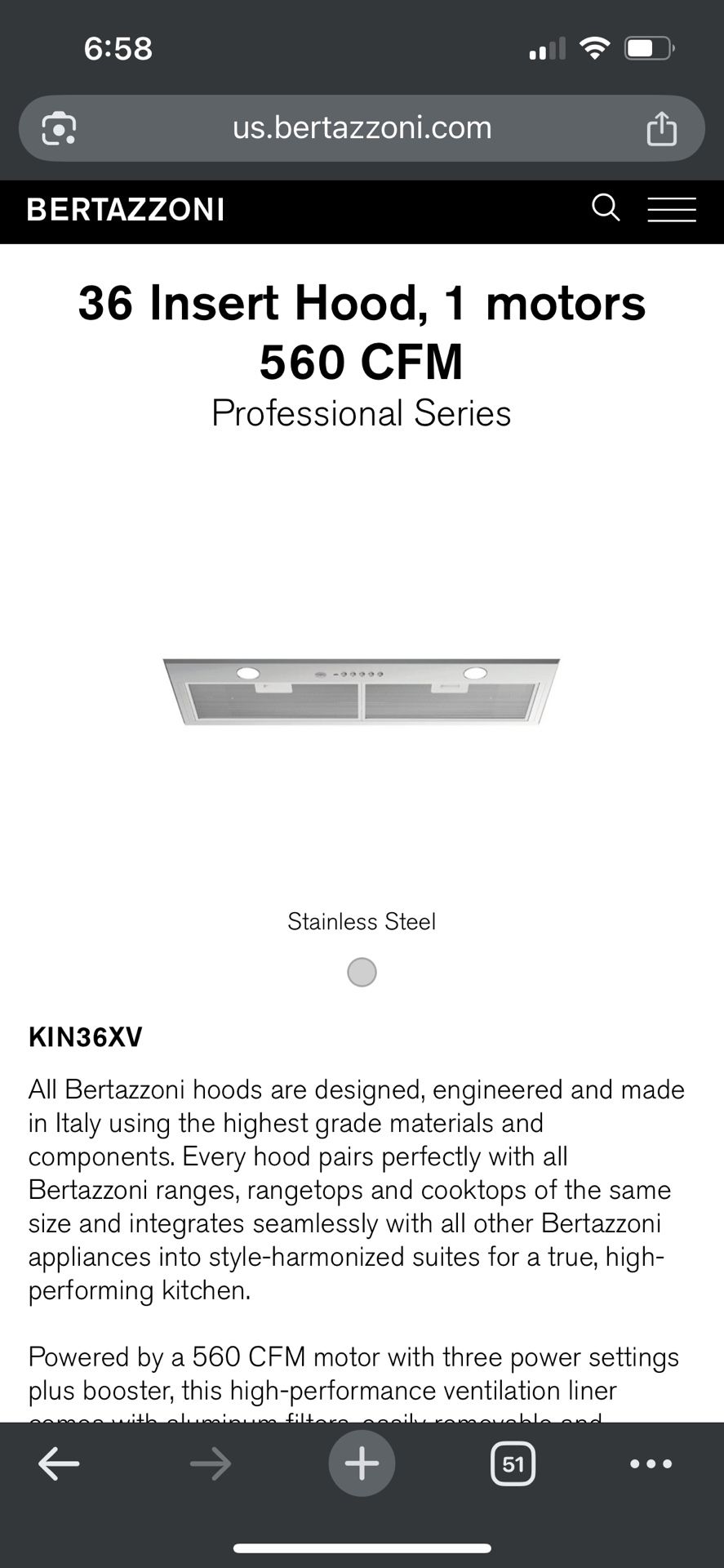 Bertazzoni Hood Insert - Brand New In Box