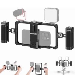 NEEWER Upgraded Phone Rig Vlogging Kit, Video Stabilizer with Dual Handle, Wireless Mic Clip Slot for Tiktok/YouTube, Compatible with SmallRig
