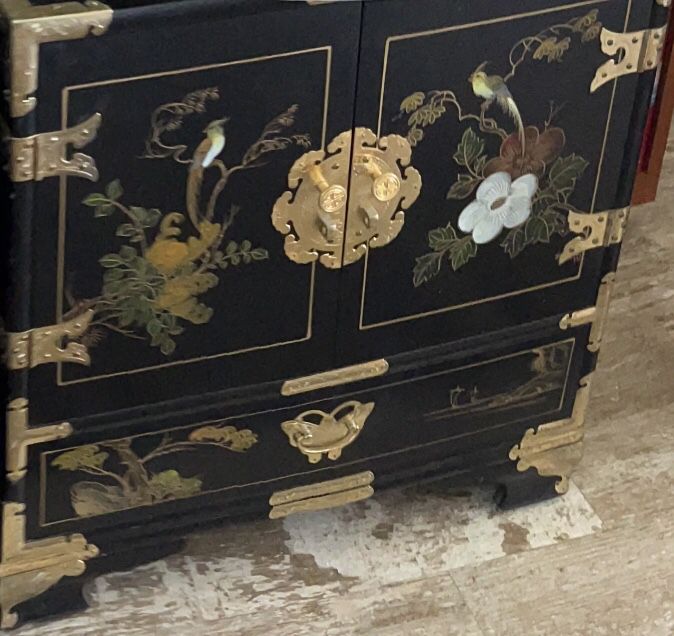 Vintage, Oriental Black Lacquer End Table with Drawers and Doors (20” X 20” X 22”)