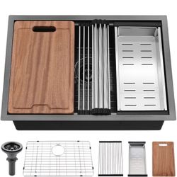 27 Inch Kitchen Sink Undermount-27x19 Black Undermount Kitchen Sink Workstation 16 Gauge Deep Single Bowl Under Mount Sinks Basin wit