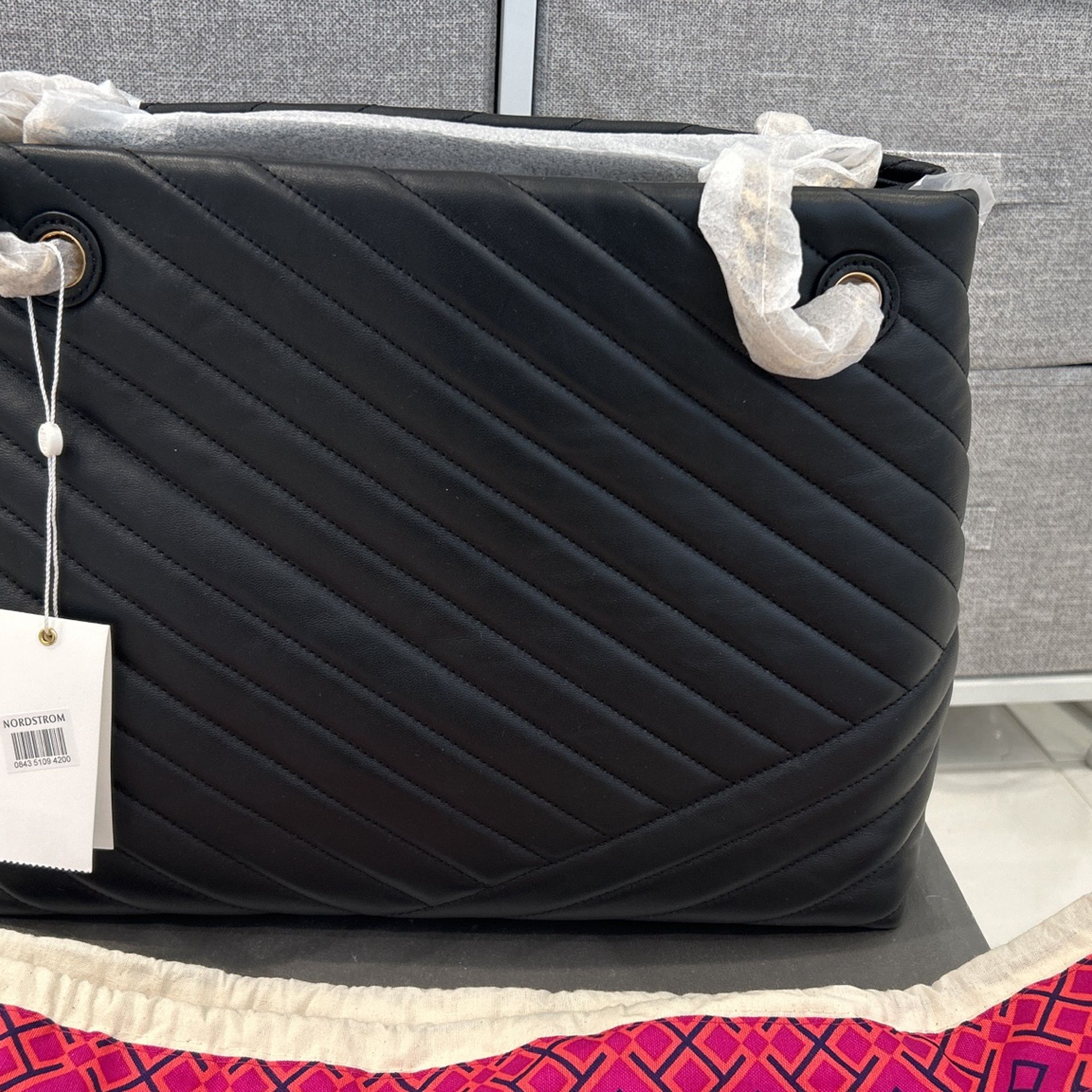 Tory Burch Kira Leather Chevron Tote Bag Black