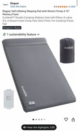Elegear Self Inflating Sleeping Pad, rechargeable self inflating/deflating. NEW, TESTED!