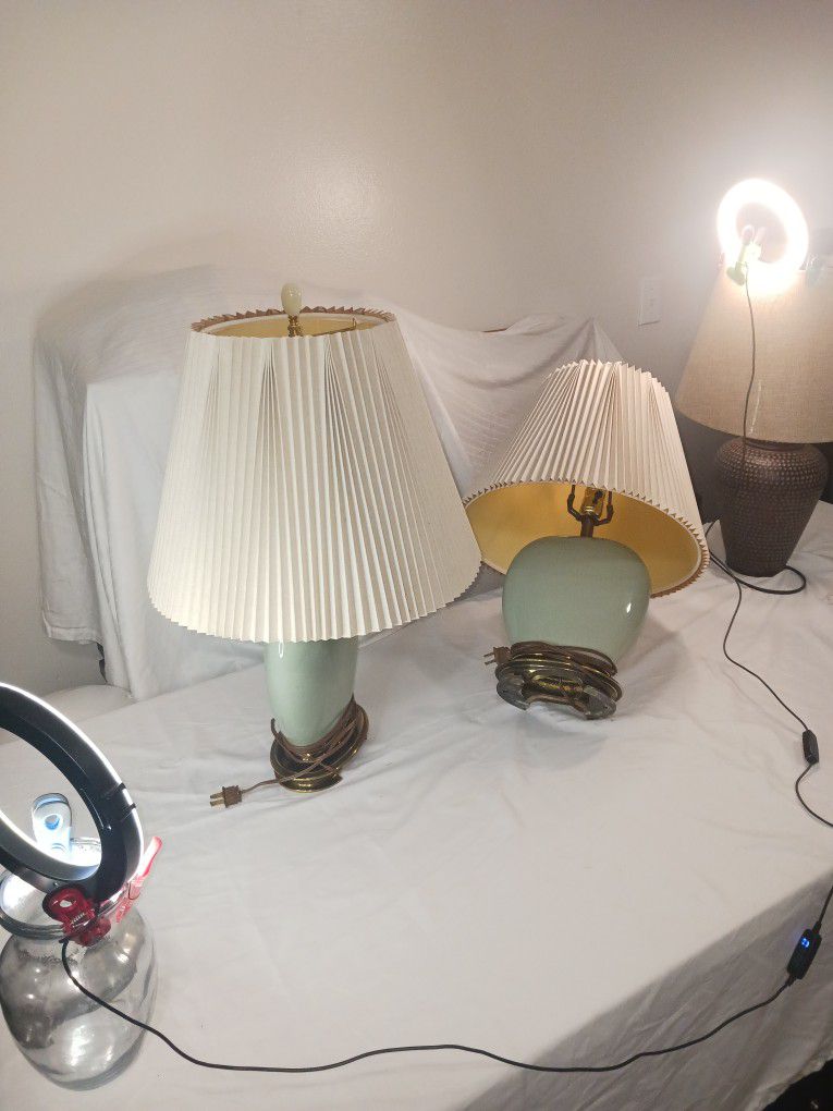 PAIR OF SAGE CRACKLE & BRASS VINTAGE DECORATIVE LAMPS 