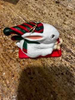 Vintage Christmas White Bunny on Red Sled Ornament with Red Green Striped Hat