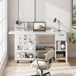 Sewing Table with Drawer, Multipurpose Craft Table with Shelves Storage. $100