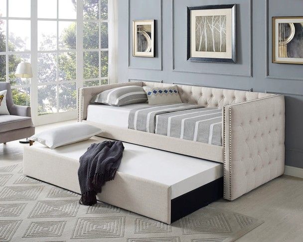 Twin Size Day Bed with Trundle Beige Linen