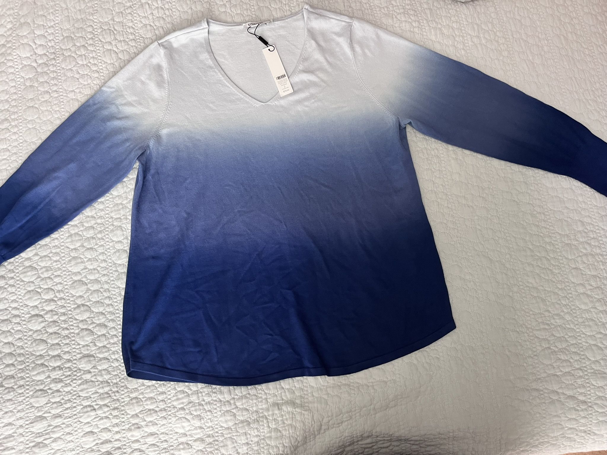 Chicos Size 2 Dip Dye Tierred Ombre Blue Pullover Shirt 3/4 Sleeve Tunic Top $50