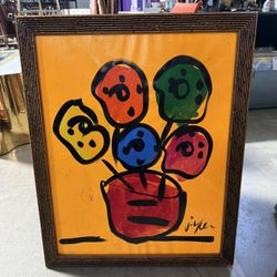 PeterKeil Signed Original Unique Flowers Neon Orange Paper Framed Rare 24x32