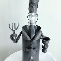 A Handcrafted Metal Chef Figurine Wine Bottle Holder / Sculpture / Wine Rack