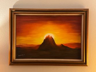 Mid Century Vintage Painting Mountain Landscape Orange Sunset Painting