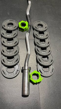 OLYMPIC CURLBAR AND WEIGHTS