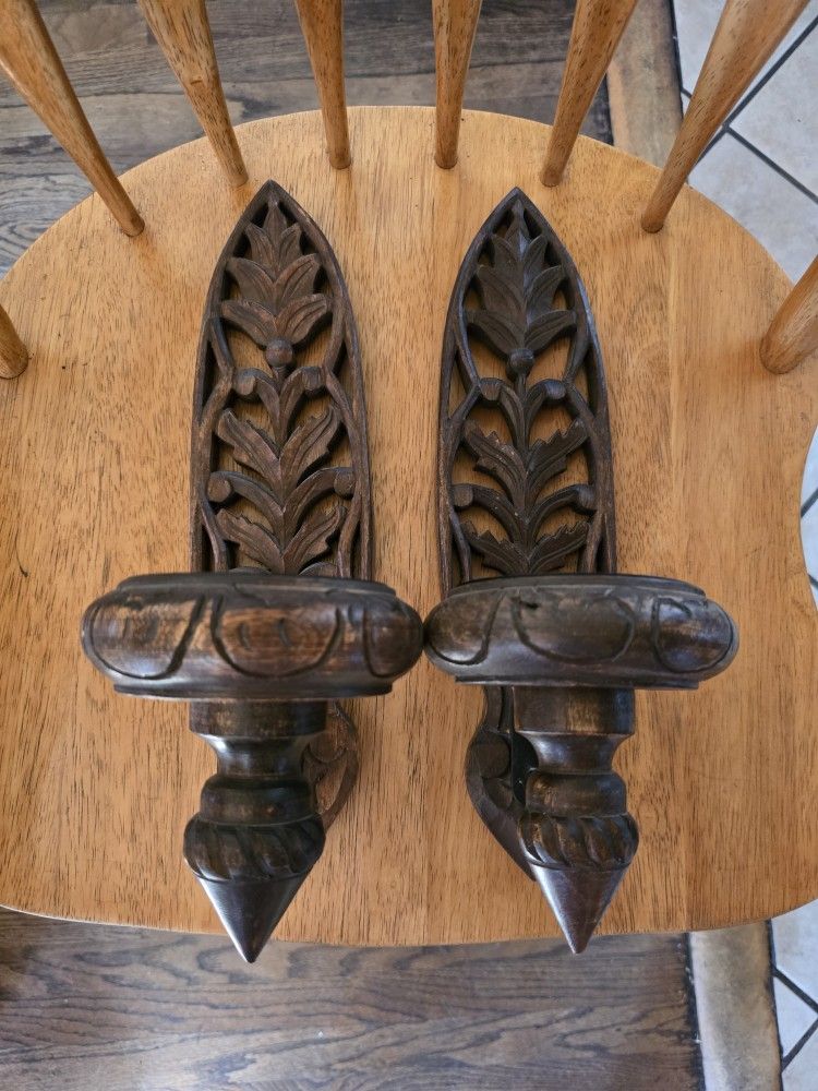 Vintage Solid Wood Detailed Carved Wall Candelabra