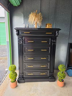 Tall chedt dresser refinished black and gold pulls