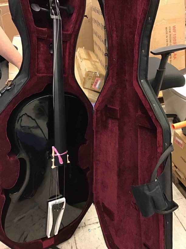 Black Cecilio full sized cello and bow in hard sided canvas case