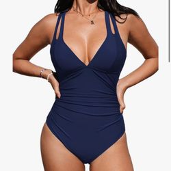 CUPSHE Women's One Piece Swimsuit Tummy Control Deep V Neck Double Straps Crisscross Back Tie Bathing Suit