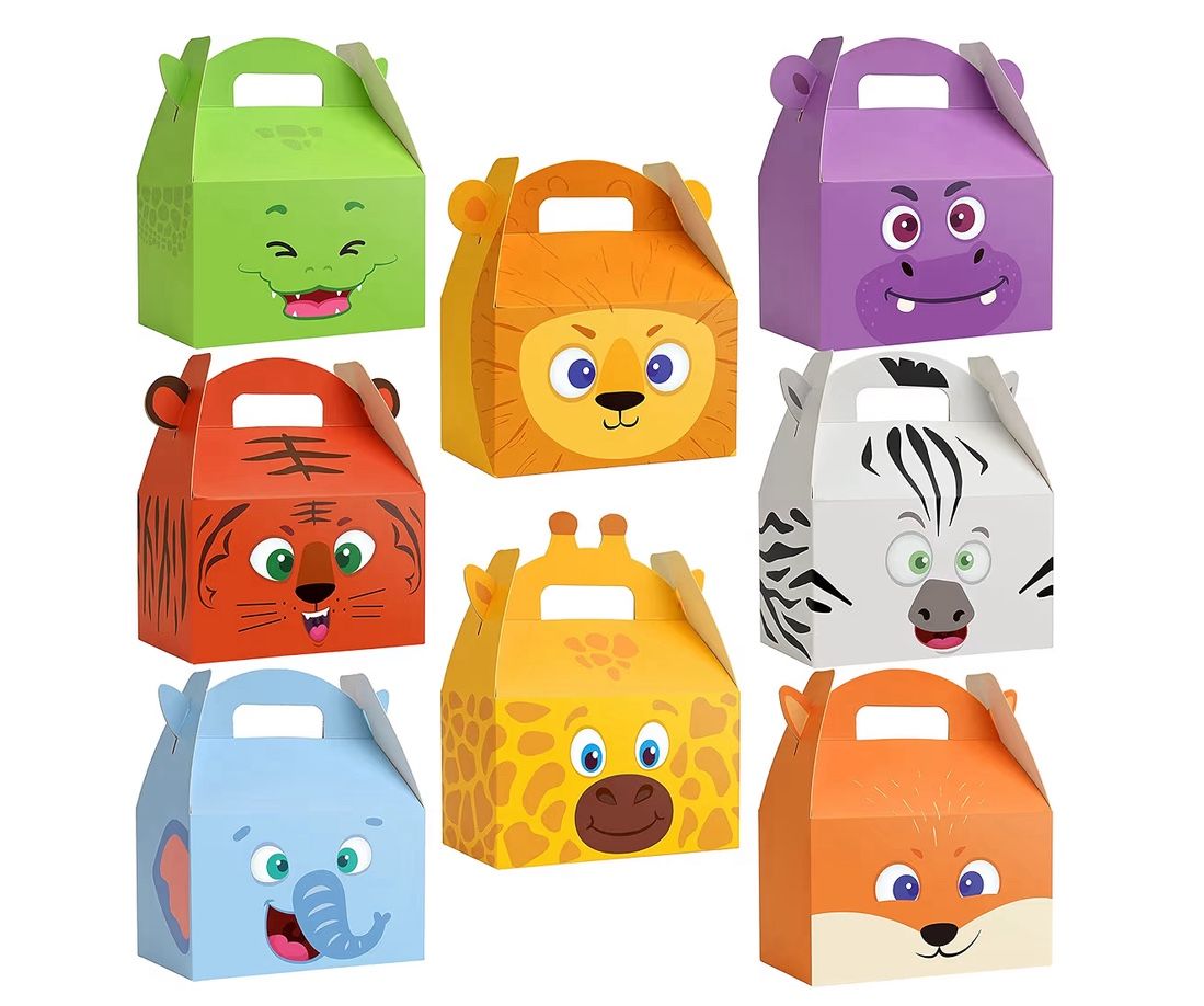 Mocoosy 24PCS Animal Party Favor Treat Boxes, Thickened Cardboard Gift Boxes Candy Snack Goodie Bags for Kids Birthday, Recycled Paper Gable Box with 