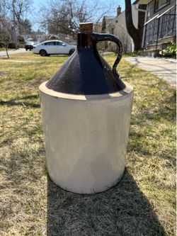 Very Large Antique Ransbottom Pottery Company Stoneware Crock Jug Moonshine Whiskey Jug Two Tone Design with Dark Brown Glazed Top and Beige Body