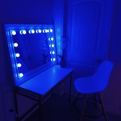 Large White Vanity Set, With White Chair, With Multicolor Lights
