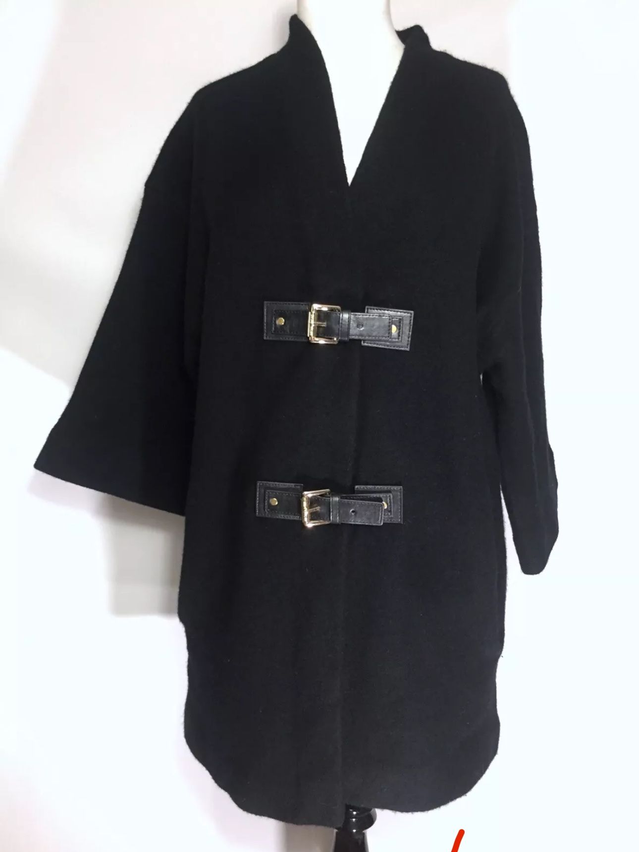 Michael Kors Black Womens Wool Jacket Poncho Coat Buckles with Logo Medium Rare