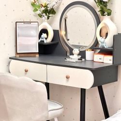 Makeup Vanity & Lighted Mirror, Drawers + Chair – Full Set 
