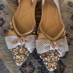 Woman’s Size 8 Rhinestone Sequin Wedding Flats with Bow, Comfortable Ballet Floor Flats 