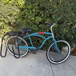 Beach cruiser with surfboard rack