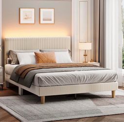 Bestier Corduroy Upholstered Queen Bed Frame with Adjustable Headboard, Platform Bed Frame with LED Light, Solid Wood Slats, No Box Spring Needed, Off