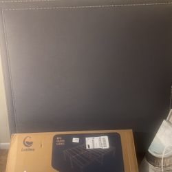 Grey upholstered  Queen Size Headboard With Brand New Bed frame. Grey Velvet Bench With Nice Size Storage Compartment