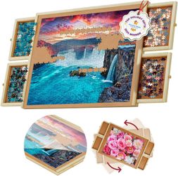 1000 Piece Rotating Puzzle Board with Drawers and Cover 30”x22” Wooden Jigsaw Table 4 Drawers Portable for Adults & Kids