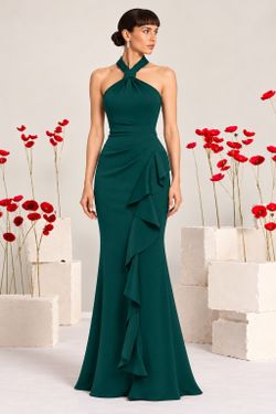 Betsy Adam "Hazel" Scuba Crepe Knotted Neck Side Ruffle Gown Hunter Green sz 10
