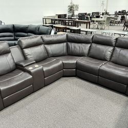 New Power Reclining Sectional.  Grey Or Brown Gel Leatherette.  111” X 98”.  Free Delivery!