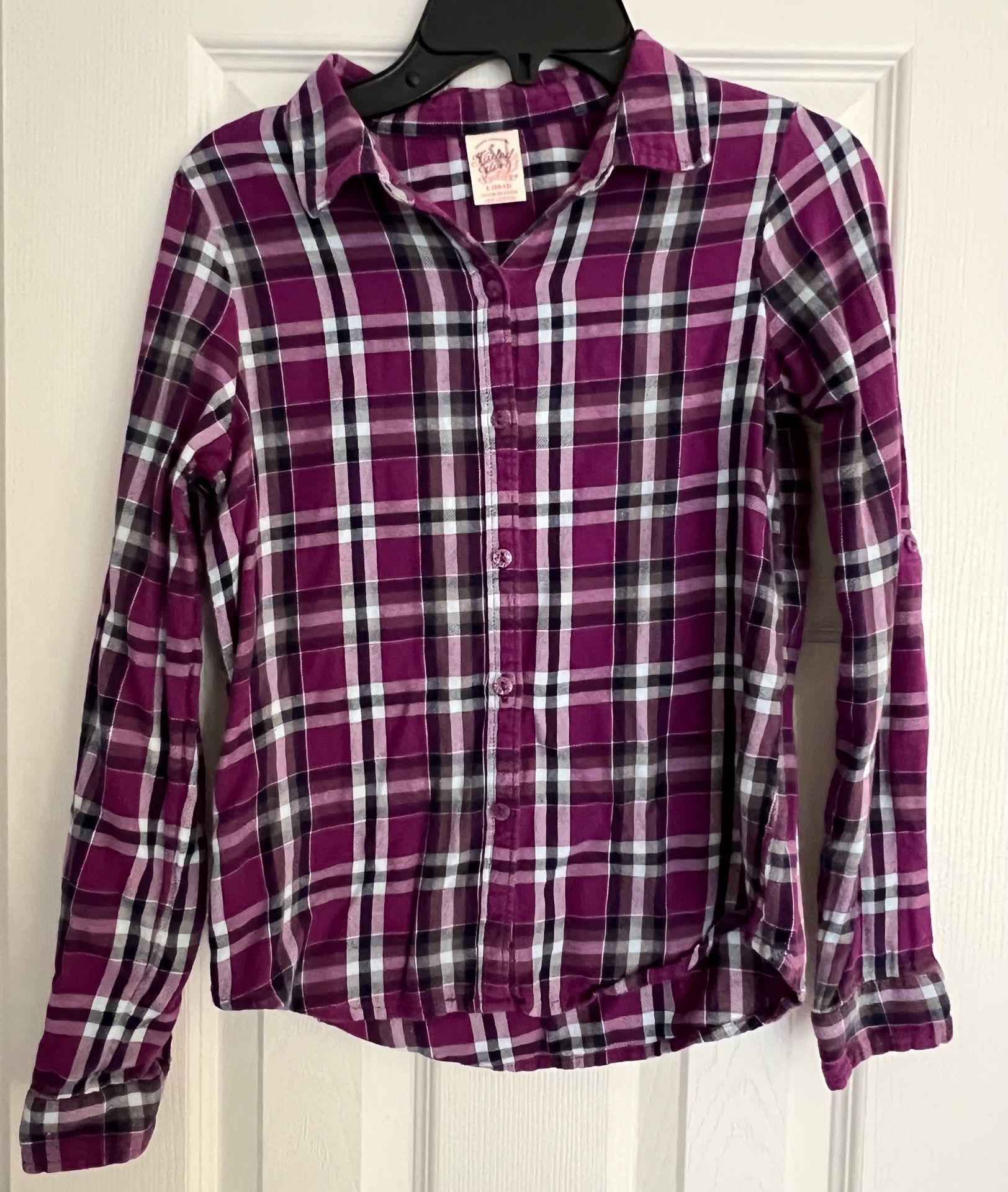 Flannel Inspired Cotton Shirt Faded Glory Girl L 10-12 Purple Plum Black Plaid