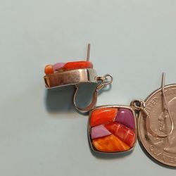 Sterling Silver, inlay spiny shell oyster inlay made into a rose, dangle earrings, Zuni