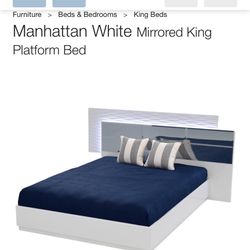 Manhattan White Mirrored King Platform Bed with 1 nightstand. (No mattress)
