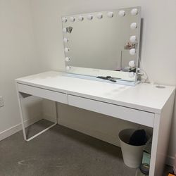 White Vanity with Mirror – 2 Slide-Out Drawers